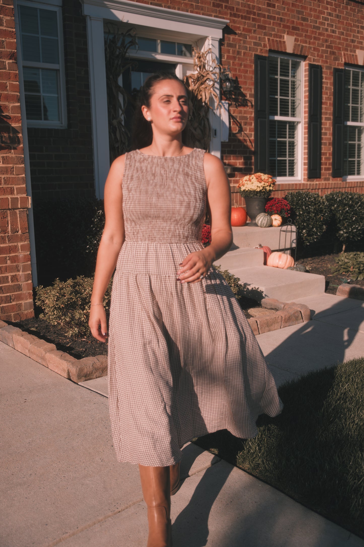 Smocked Gingham Midi Dress- Brown