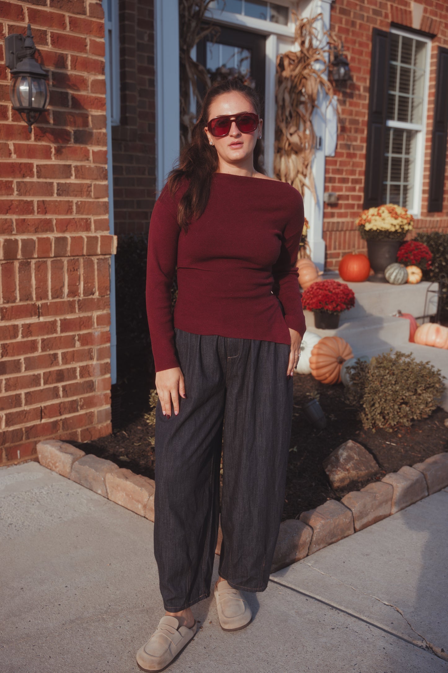 Boat Neck Knit Sweater- Burgundy