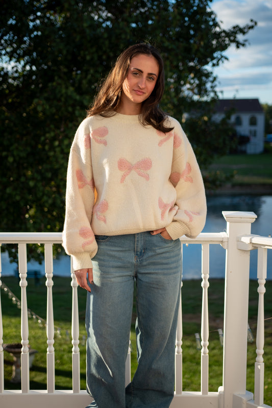 Bow Ballon Sleve Sweater - Cream Pink