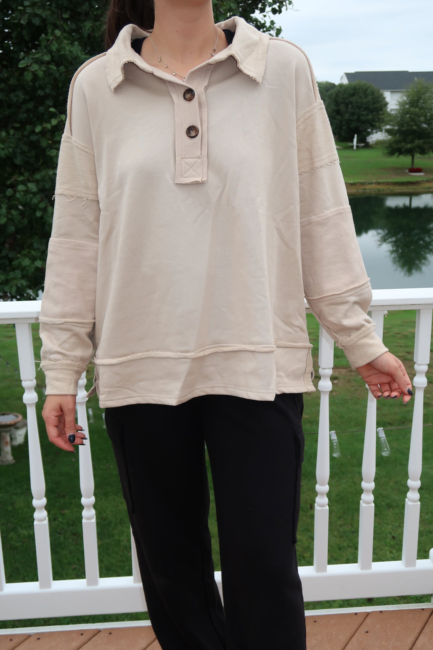 Wide V-Neck Beige Pullover