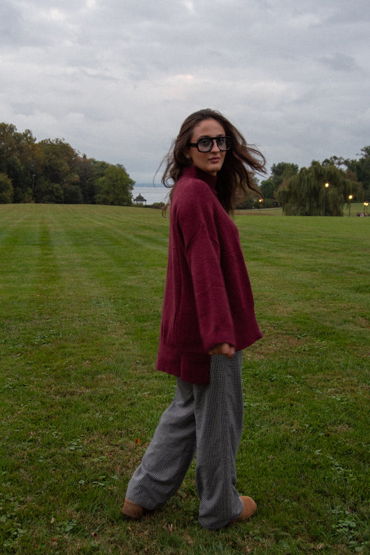 Oversized Heather Mock Neck- Wine