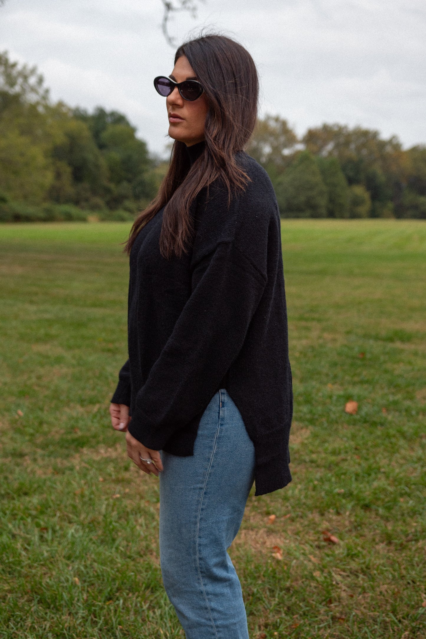 Oversized Heather Mock Neck- Black