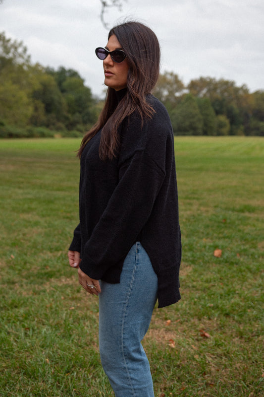 Oversized Heather Mock Neck- Black