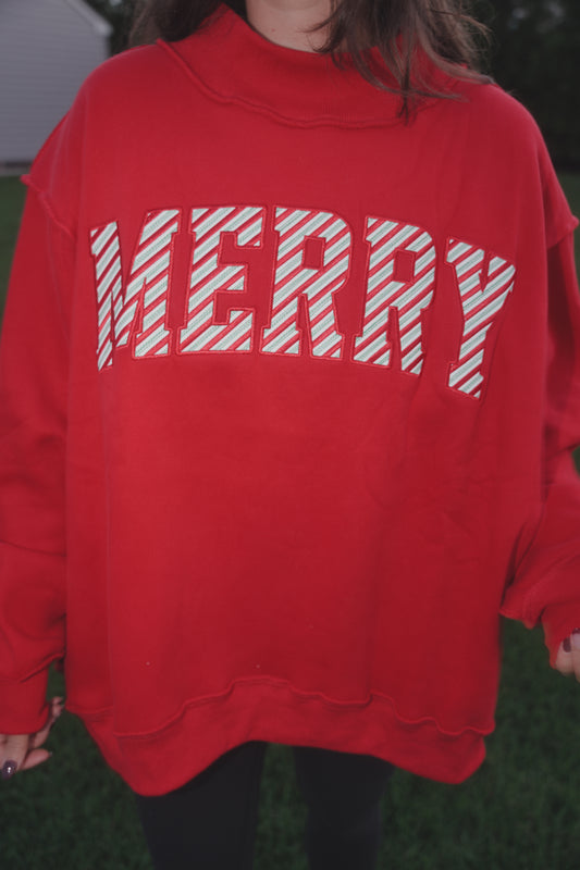 Merry Candy Cane Mockneck-  Red