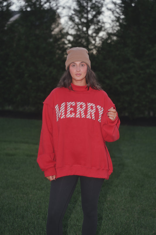 Merry Candy Cane Mockneck-  Red