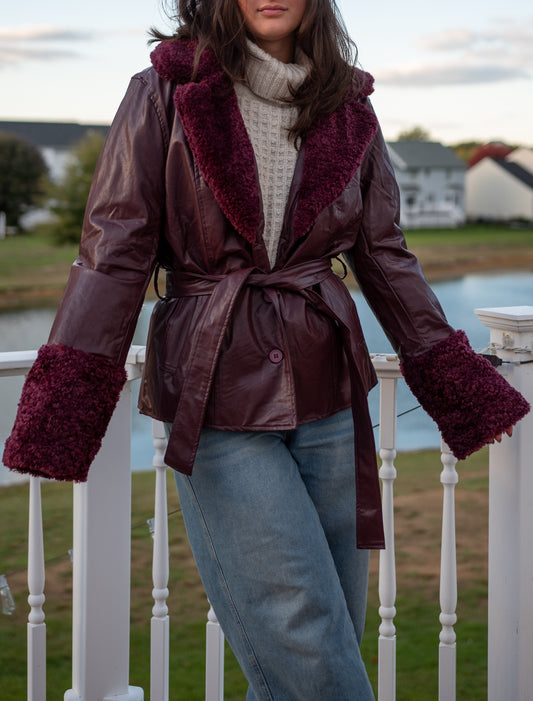 Burgundy Belted Faux Trimmed Coat