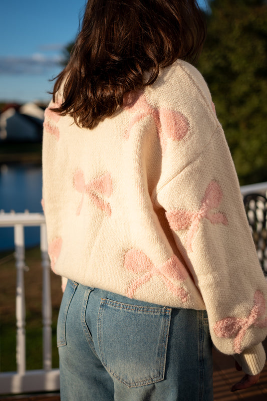 Bow Ballon Sleve Sweater - Cream Pink