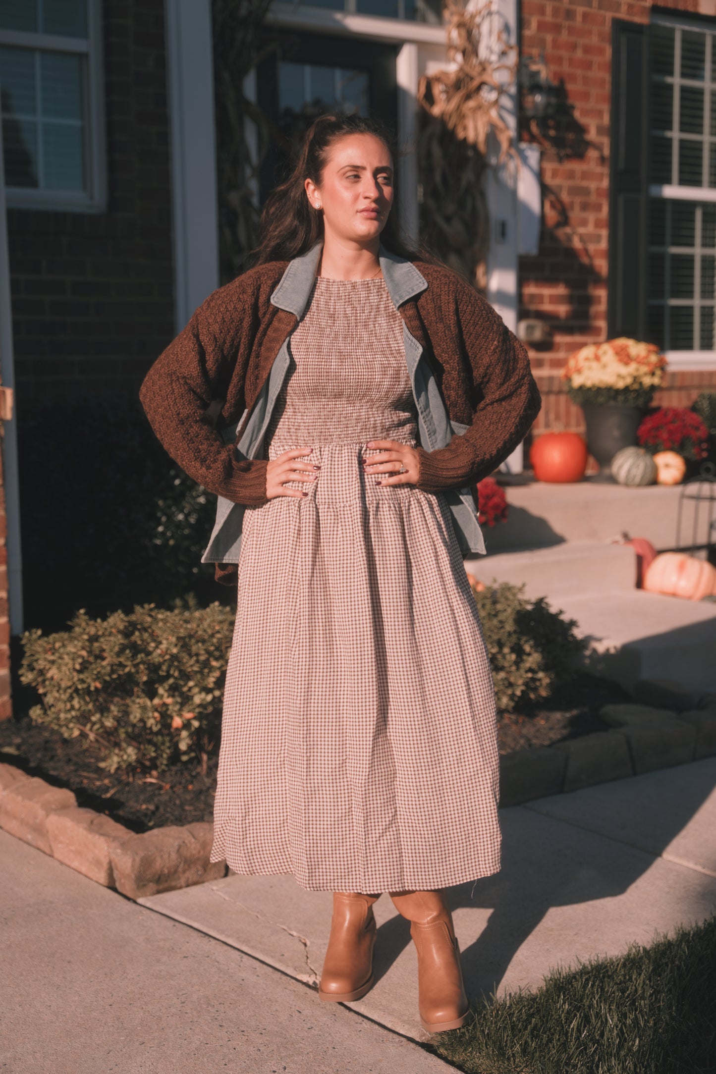 Smocked Gingham Midi Dress- Brown