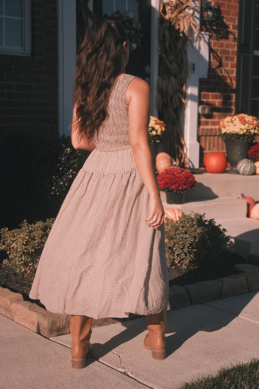 Smocked Gingham Midi Dress- Brown