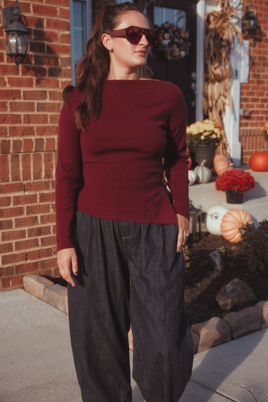 Boat Neck Knit Sweater- Burgundy