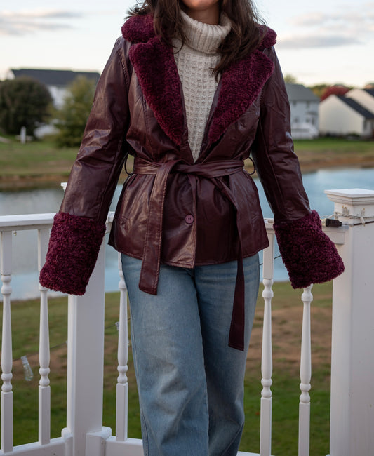 Burgundy Belted Faux Trimmed Coat