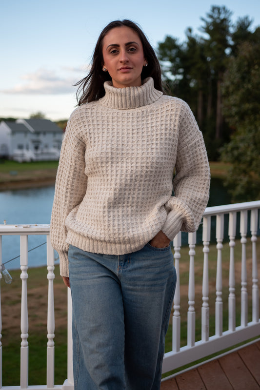 Waffle Turtle Neck Sweater - Tan