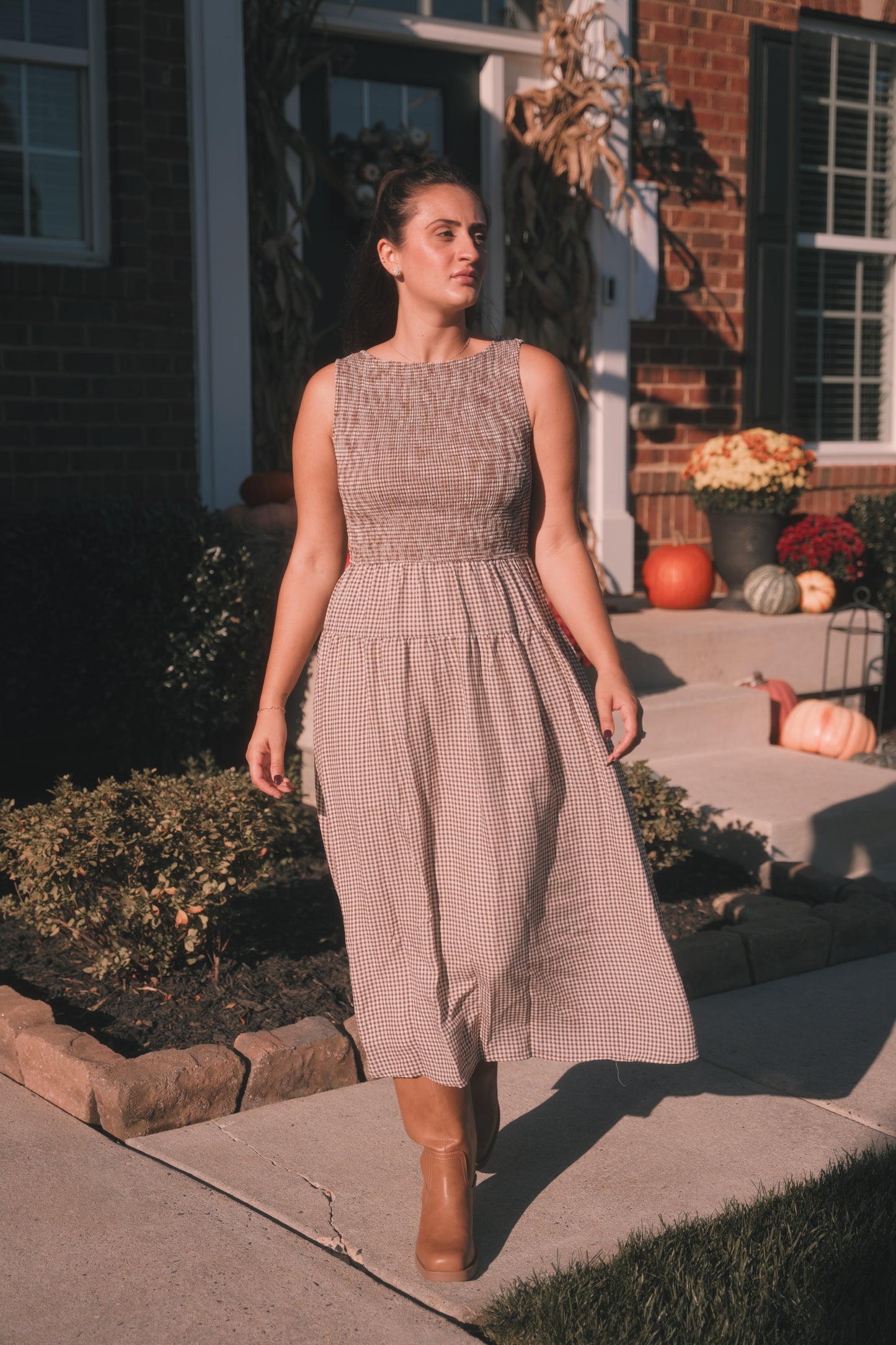 Smocked Gingham Midi Dress- Brown