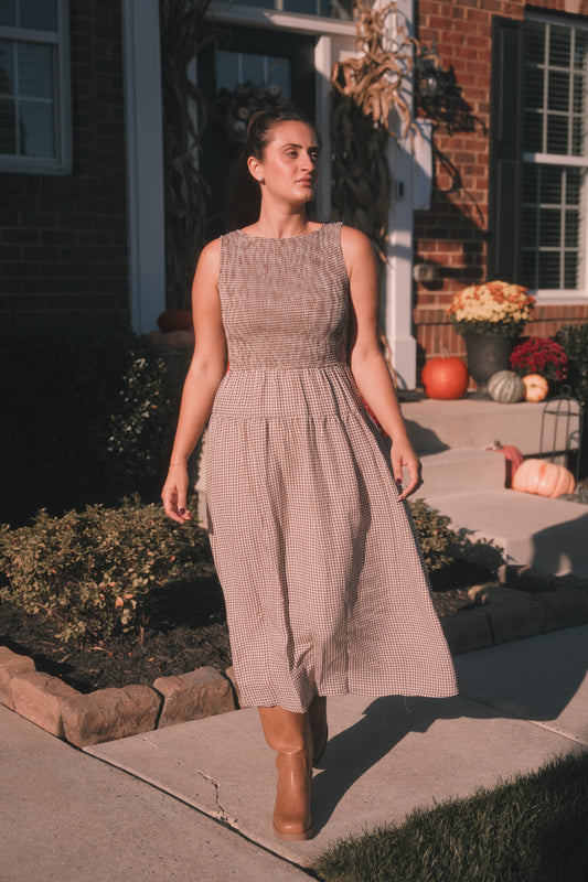 Smocked Gingham Midi Dress- Brown