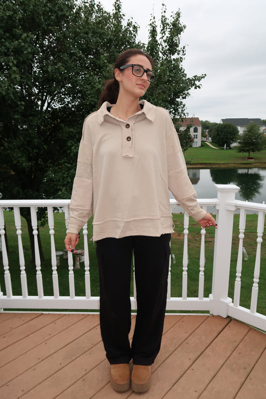 Wide V-Neck Beige Pullover