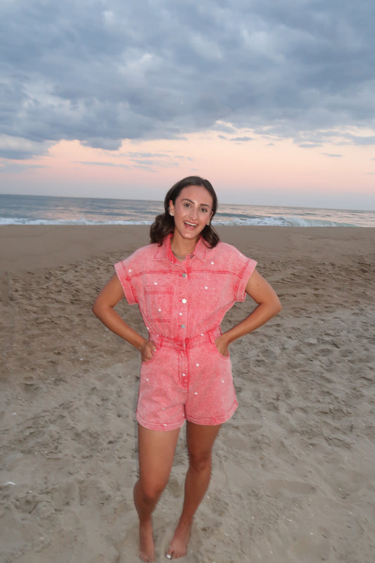 Red Denim Star Romper