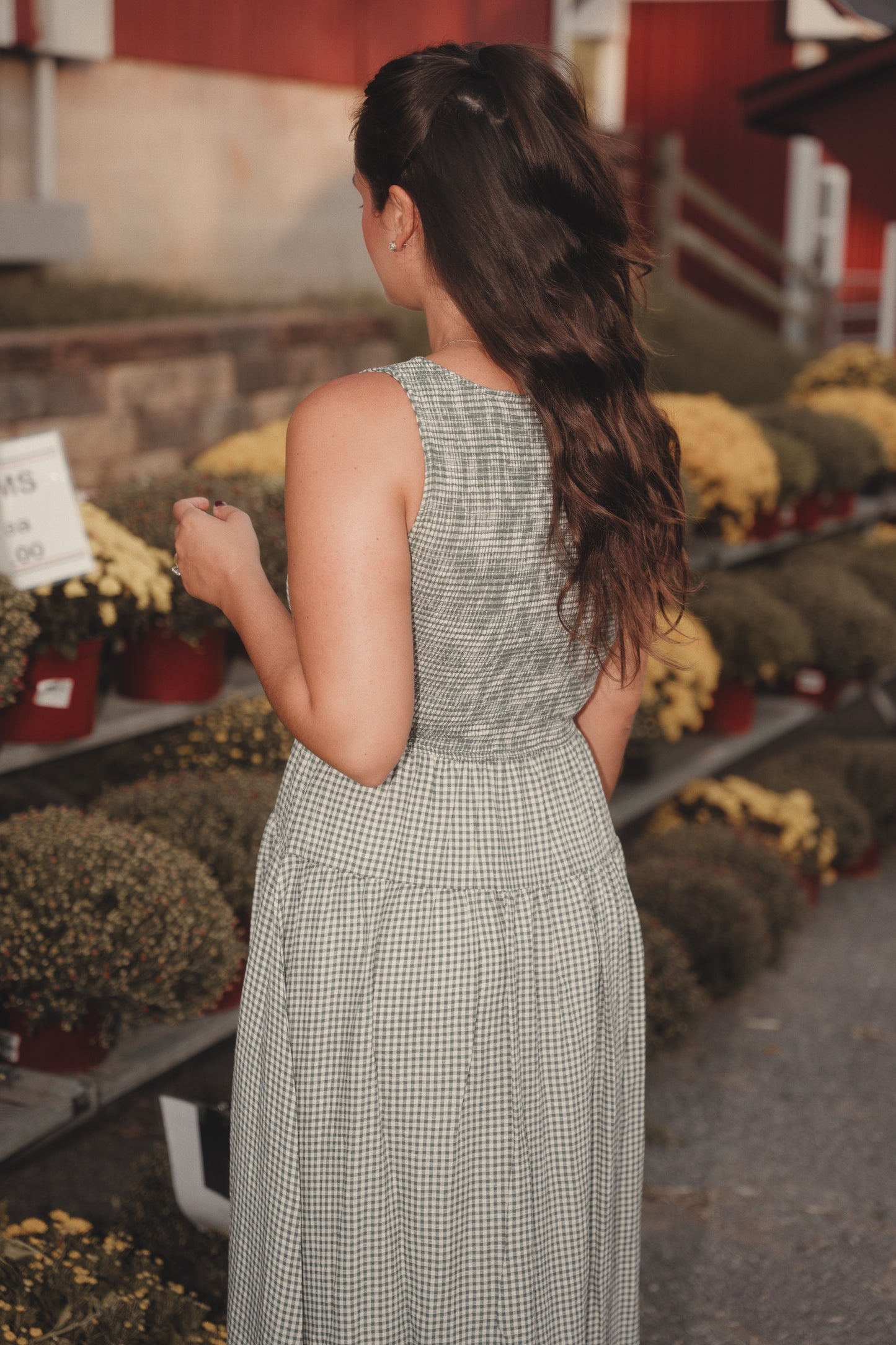 Smocked Gingham Midi Dress- Hunter Green