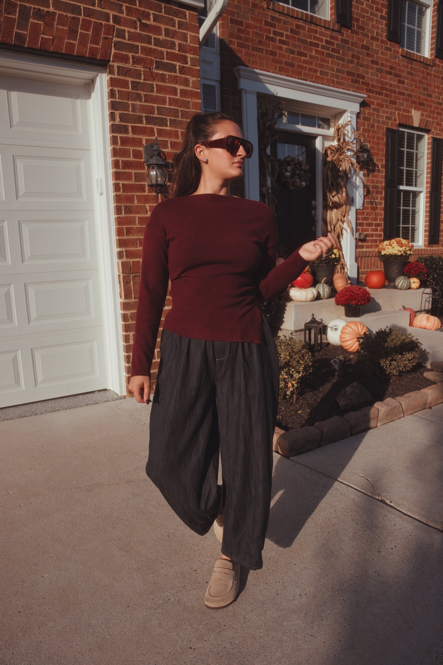 Boat Neck Knit Sweater- Burgundy
