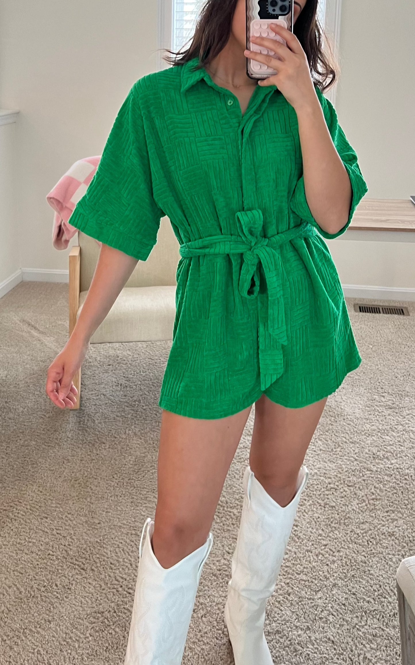 Green Terry Cloth Romper